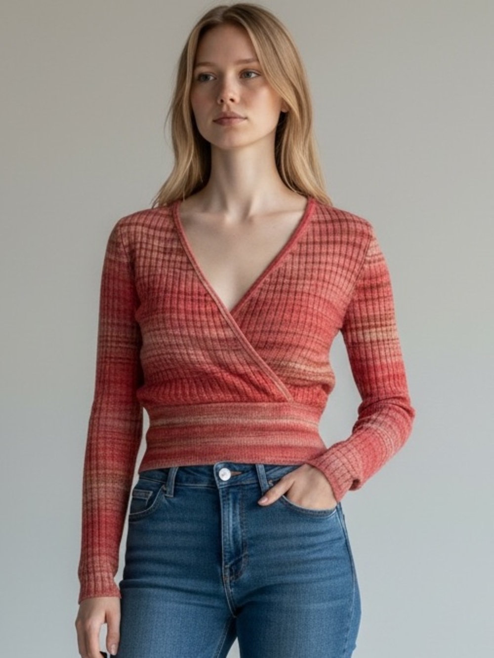 American Eagle AE Space Dye Ribbed Wrap Front Cropped Sweater Coral Pink Medium